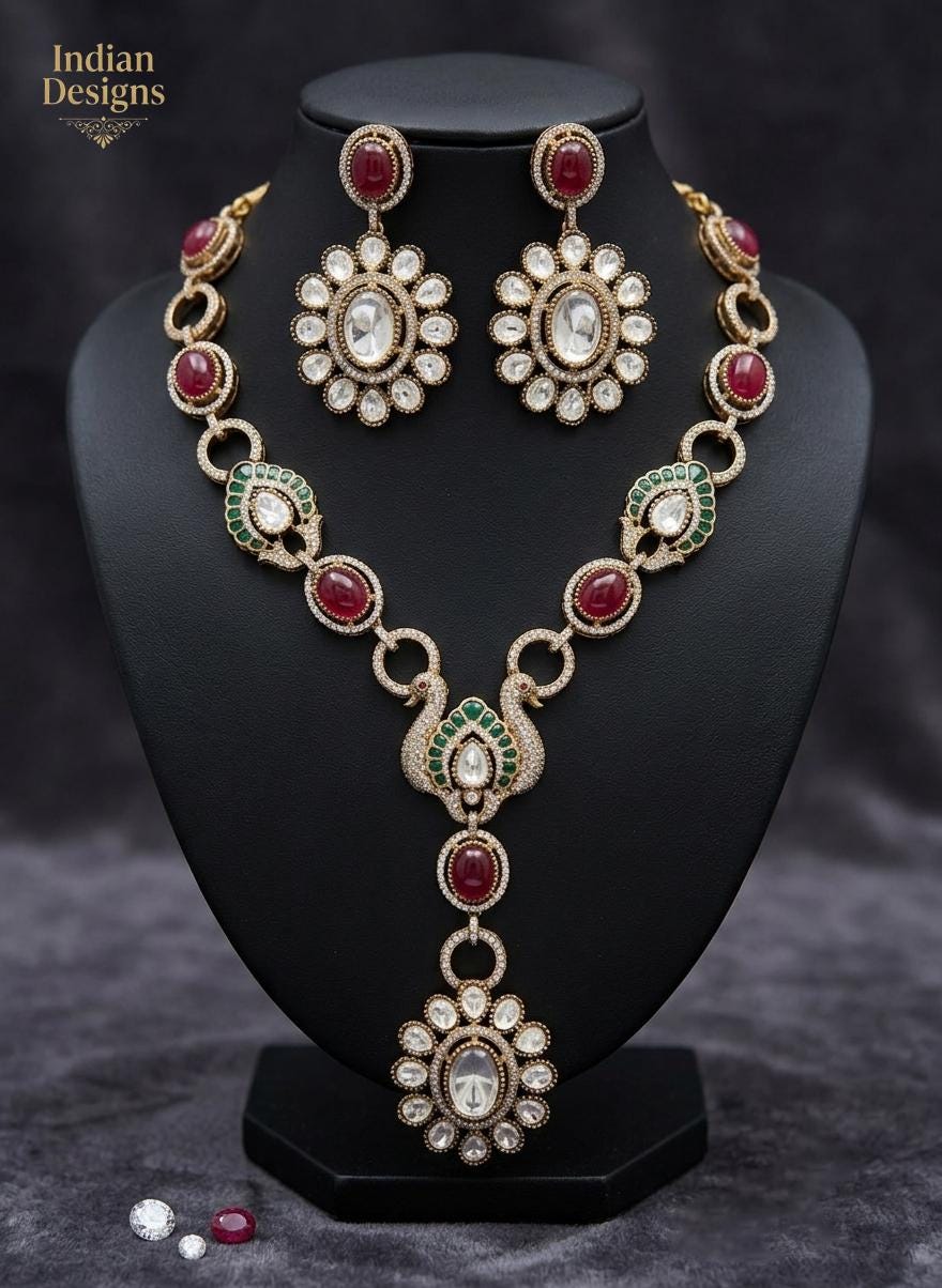 Victorian Peacock Necklace Set| Ruby Green Polki Jewelry| Indian Bridal Necklace| Kundan Wedding Jewelry| Statement Earrings| Gift for her