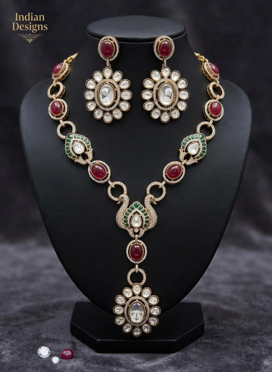 Victorian Peacock Necklace Set| Ruby Green Polki Jewelry| Indian Bridal Necklace| Kundan Wedding Jewelry| Statement Earrings| Gift for her