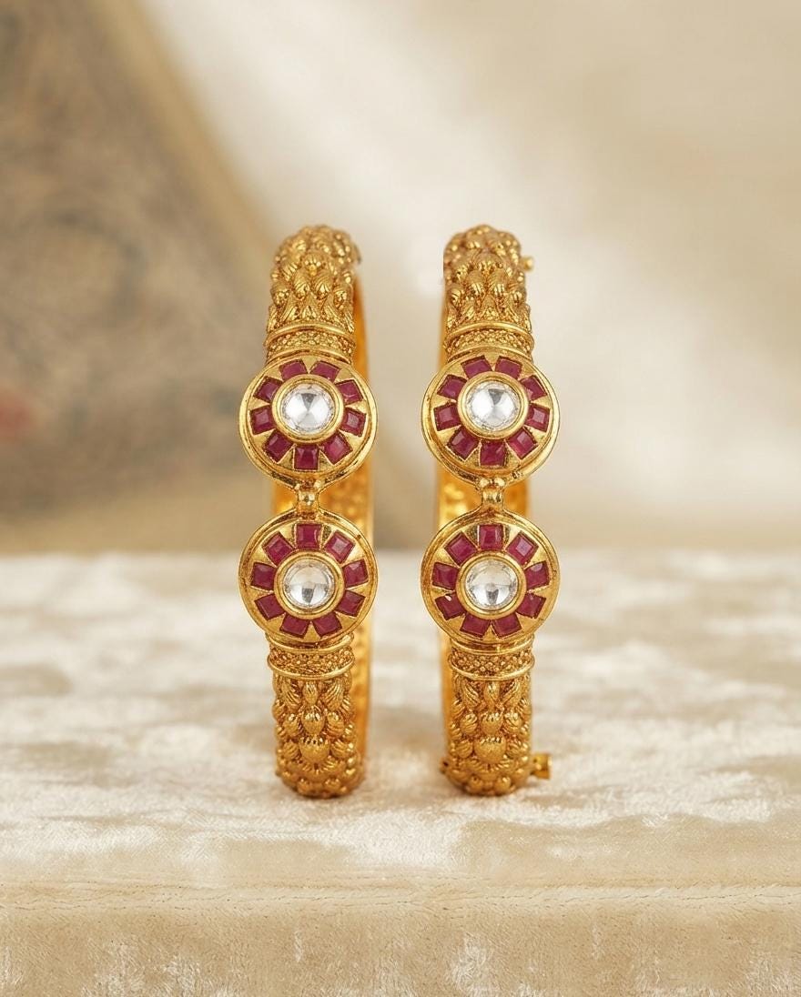 Gold Plated Kada Pair| Traditional Indian Bridal Bangle Set| Kundan Style Kada Bangles| Gold Finish Party wear Bangles| Gift for her