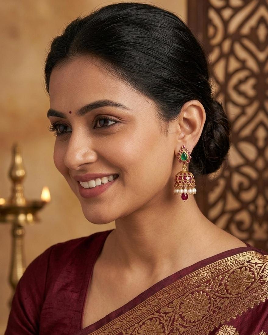 Kemp Jadau Jhumka Earrings| Traditional Indian Bridal Earrings| Gold Tone Jadau Pearl Drop Earrings| Temple Style Ethnic Earrings for Women