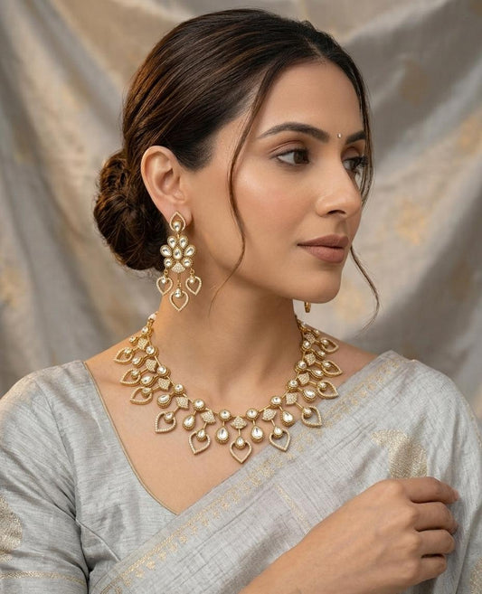 Luxury Kundan AD Necklace Set| Indian Bridal Jewelry| Gold Statement Necklace with CZ Stones| Wedding Jewelry with Earrings| Gift for Her