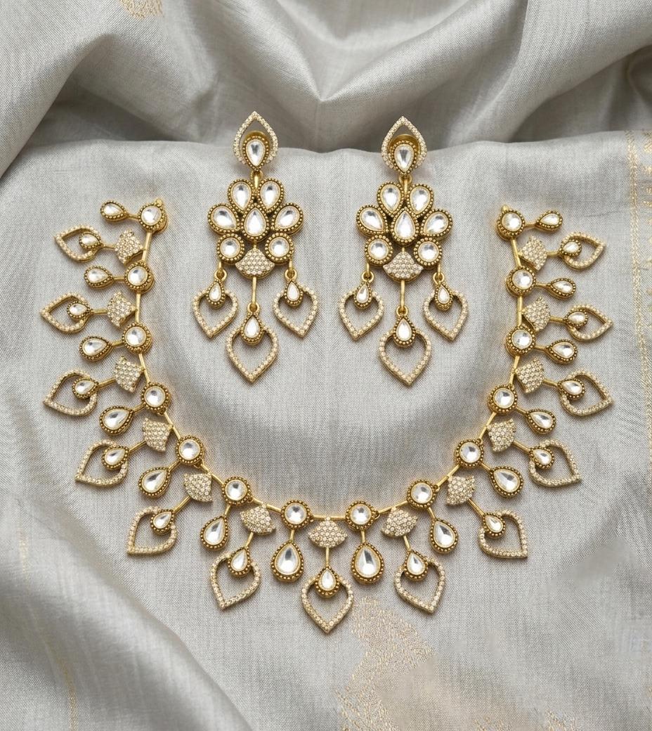 Luxury Kundan AD Necklace Set| Indian Bridal Jewelry| Gold Statement Necklace with CZ Stones| Wedding Jewelry with Earrings| Gift for Her