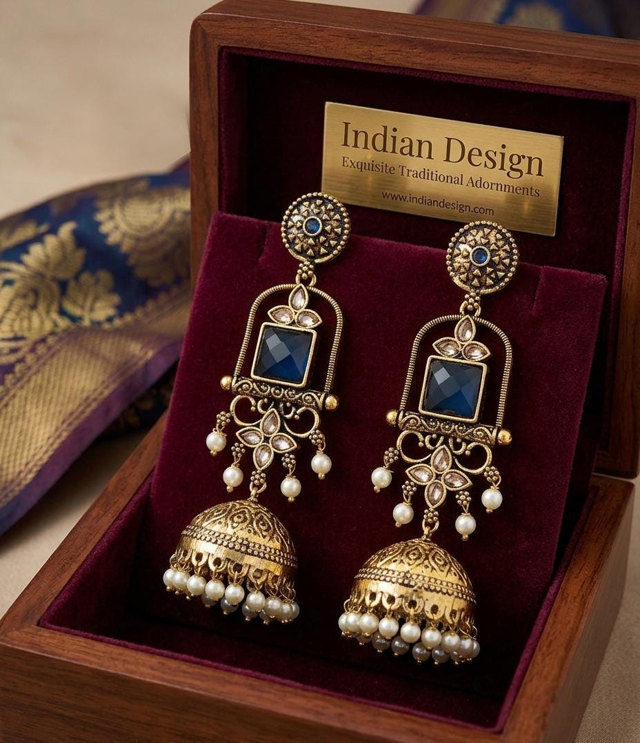 Antique Gold long Jhumka Earrings| temple style pearl drop stone earrings| traditional traditional indian wedding jewelry| Baby Pink & Green