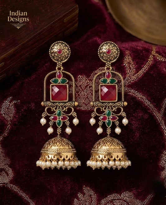Antique Gold long Jhumka Earrings| temple style pearl drop stone earrings| traditional traditional indian wedding jewelry| Baby Pink & Green