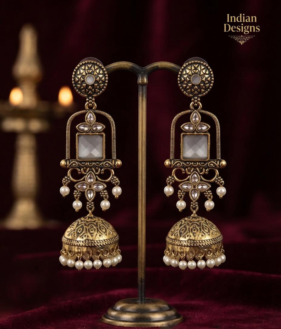 Antique Gold long Jhumka Earrings| temple style pearl drop stone earrings| traditional traditional indian wedding jewelry| Baby Pink & Green
