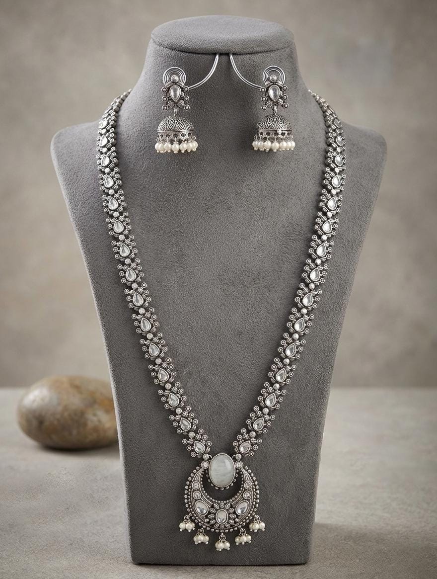 Oxidized Long Necklace Set with Jhumka Earrings| Indian Ethnic Silver Lookalike Temple Jewelry| Party Wear Fancy Jewelry Set| Festive Gift