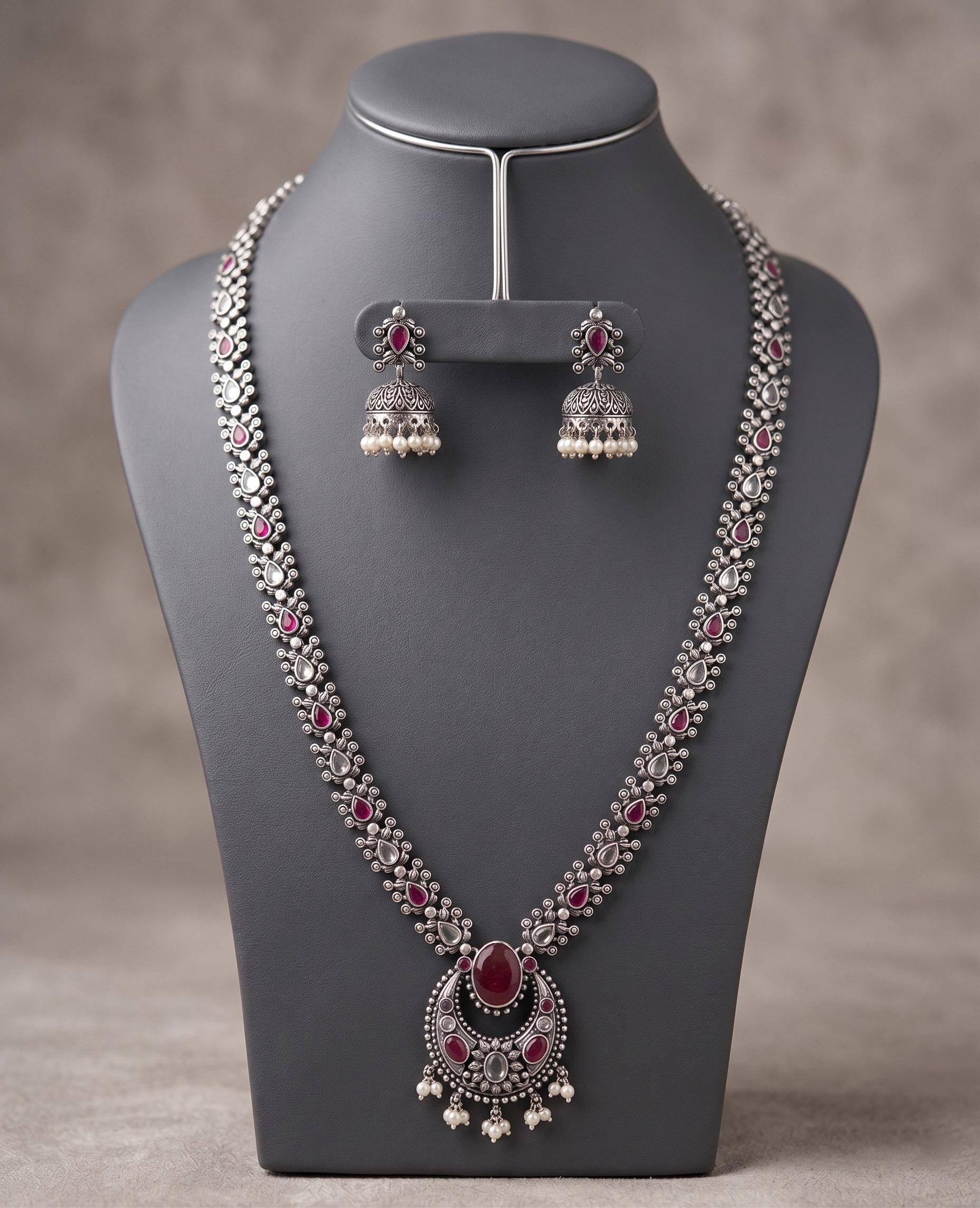 Oxidized Long Necklace Set with Jhumka Earrings| Indian Ethnic Silver Lookalike Temple Jewelry| Party Wear Fancy Jewelry Set| Festive Gift