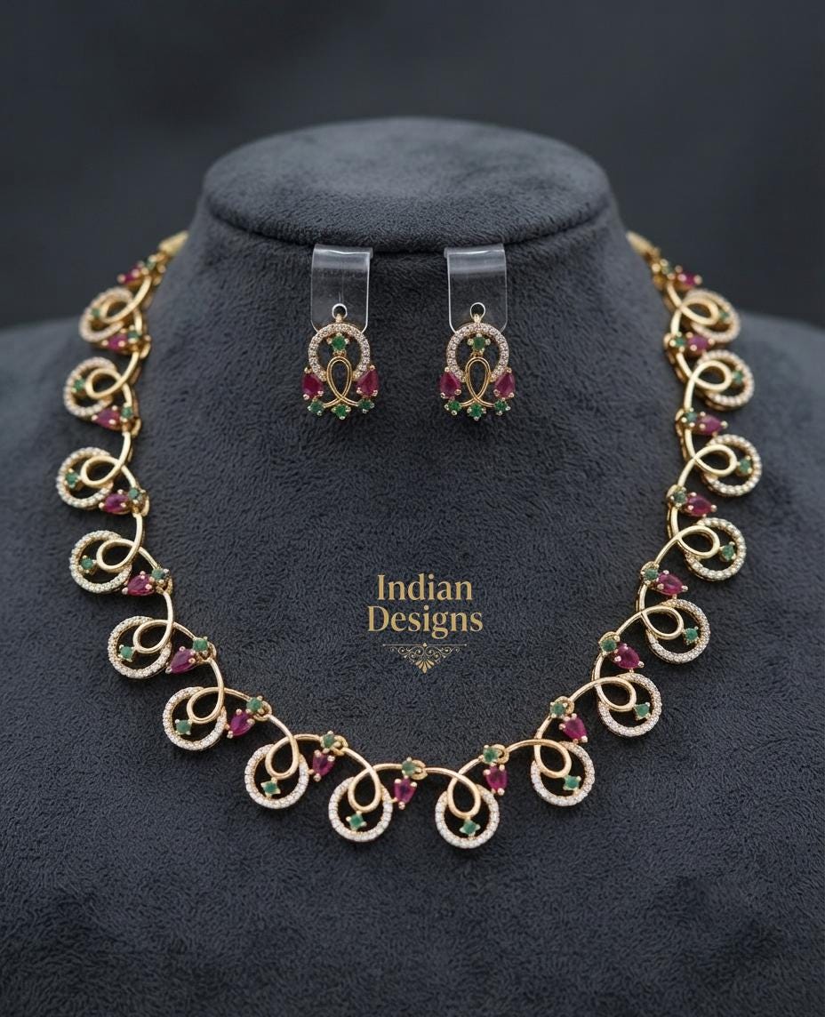 Matte Gold CZ Swirl Short Necklace Earring Set| Indian Ruby Emerald Choker Party-wear necklace| American Diamond Necklace| Gift for her