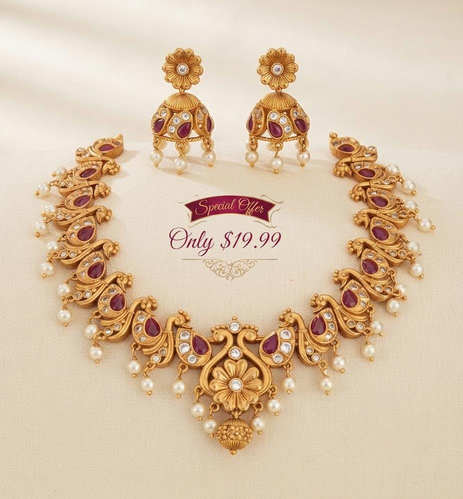 Antique Gold Kemp Peacock Necklace with Jhumka Earrings| Traditional South Indian Temple Choker Jewelry Set| Ethnic Choker Set| Gift for Her