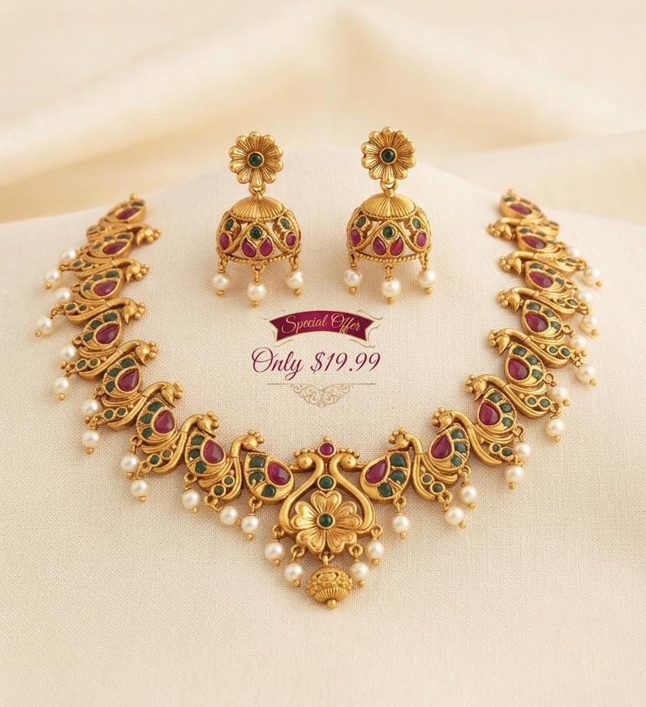 Antique Gold Kemp Peacock Necklace with Jhumka Earrings| Traditional South Indian Temple Choker Jewelry Set| Ethnic Choker Set| Gift for Her