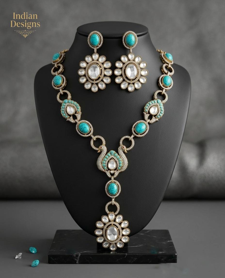 Victorian Turquoise Polki Necklace Set| Sabyasachi Inspired Jewelry| Indian Wedding Jewelry| Statement Bridal Necklace| Bollywood Jewelry