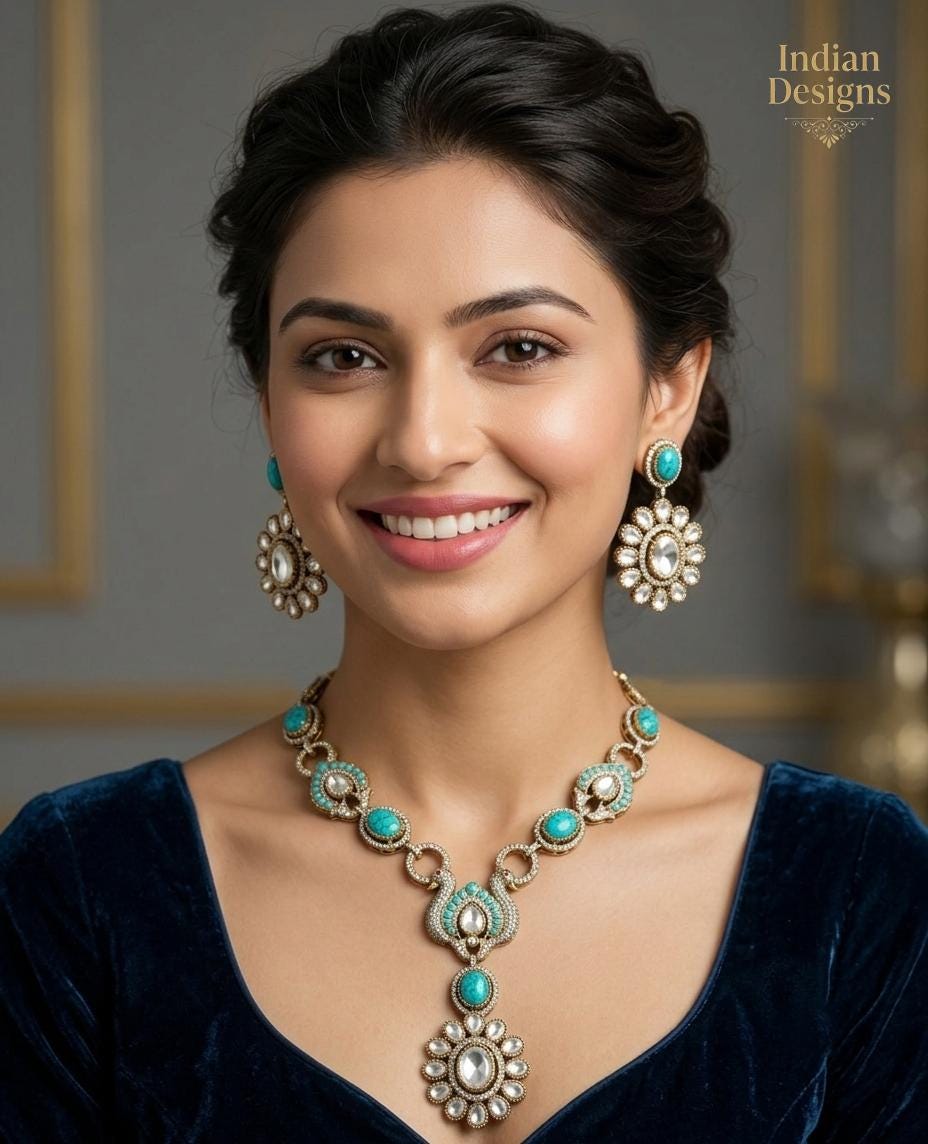 Victorian Turquoise Polki Necklace Set| Sabyasachi Inspired Jewelry| Indian Wedding Jewelry| Statement Bridal Necklace| Bollywood Jewelry
