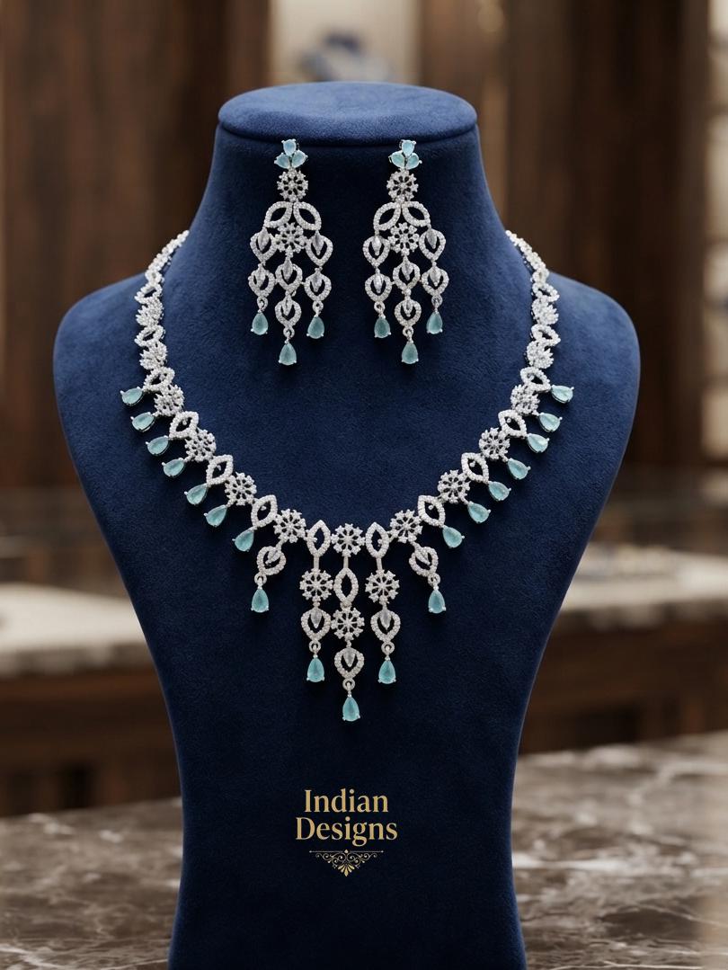 American Diamond Necklace Set with Earrings| Pink & Aqua Teardrop Bridal Jewelry| Rhodium Plated Chandelier Wedding Choker | Gift for her