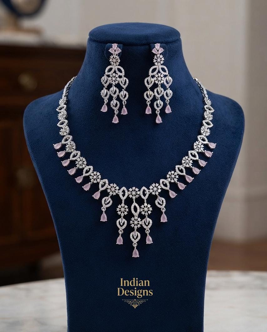 American Diamond Necklace Set with Earrings| Pink & Aqua Teardrop Bridal Jewelry| Rhodium Plated Chandelier Wedding Choker | Gift for her