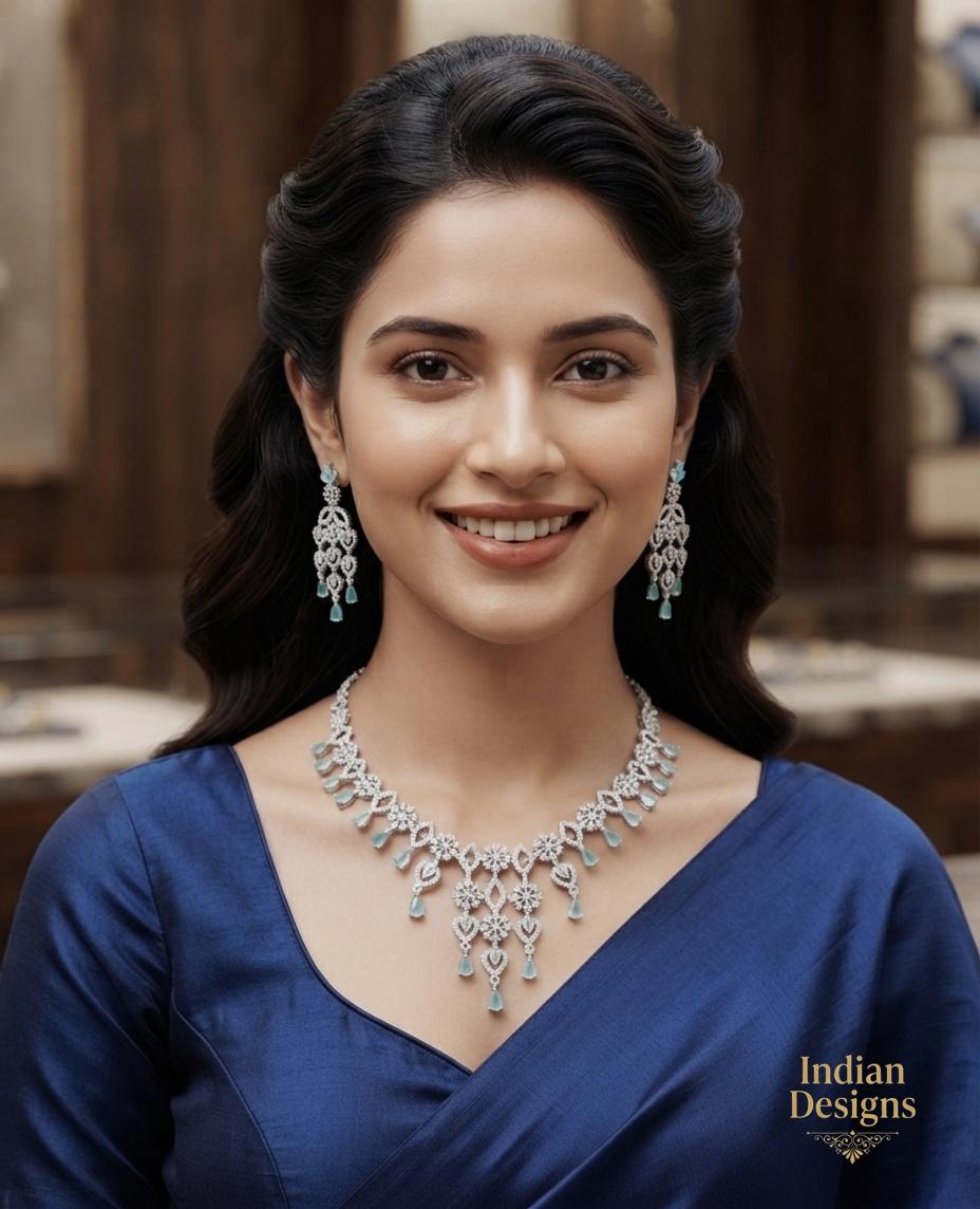 American Diamond Necklace Set with Earrings| Pink & Aqua Teardrop Bridal Jewelry| Rhodium Plated Chandelier Wedding Choker | Gift for her