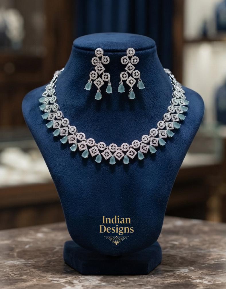 CZ Diamond Necklace Set| Indian Pakistani Jewelry| Mint/Pink Stone Choker| Bollywood Jewelry| Reception Party-wear Necklace with Earrings