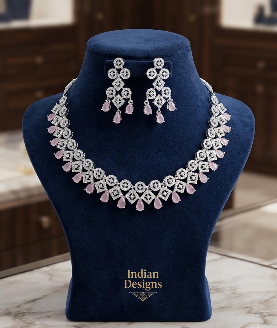 CZ Diamond Necklace Set| Indian Pakistani Jewelry| Mint/Pink Stone Choker| Bollywood Jewelry| Reception Party-wear Necklace with Earrings