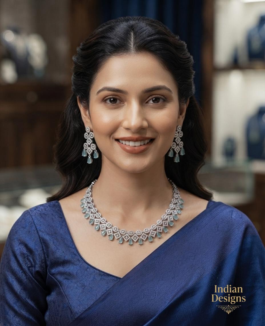 CZ Diamond Necklace Set| Indian Pakistani Jewelry| Mint/Pink Stone Choker| Bollywood Jewelry| Reception Party-wear Necklace with Earrings