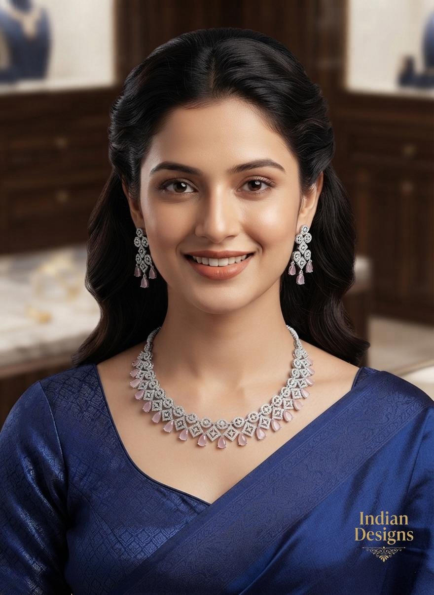 CZ Diamond Necklace Set| Indian Pakistani Jewelry| Mint/Pink Stone Choker| Bollywood Jewelry| Reception Party-wear Necklace with Earrings