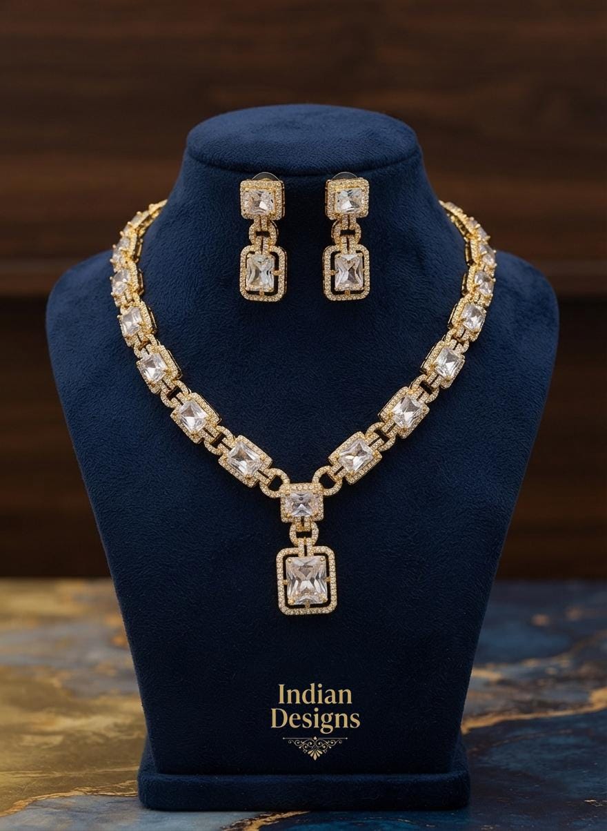 Gold Tone CZ Necklace and Matching Drop Earrings| Wedding Party Wear| Indian Bridal Jewelry Set| Statement Necklace| Gift for her