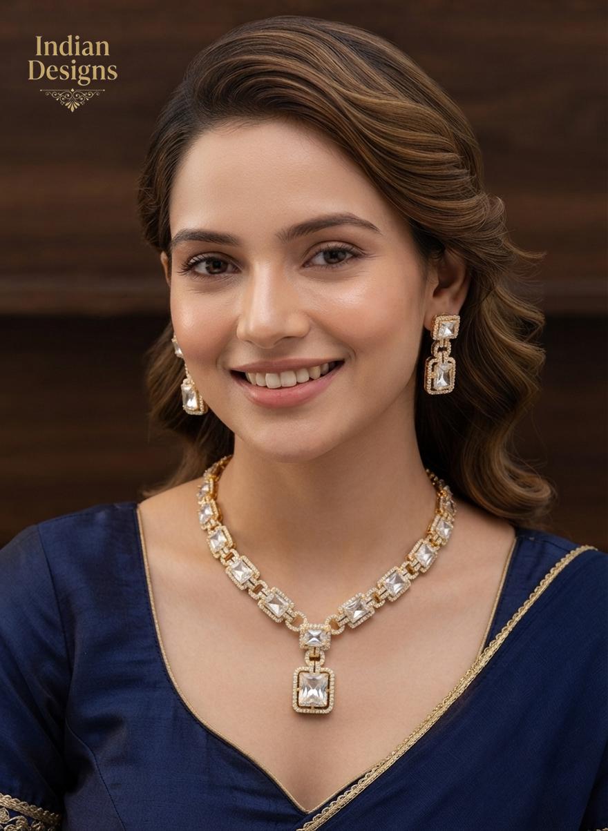Gold Tone CZ Necklace and Matching Drop Earrings| Wedding Party Wear| Indian Bridal Jewelry Set| Statement Necklace| Gift for her