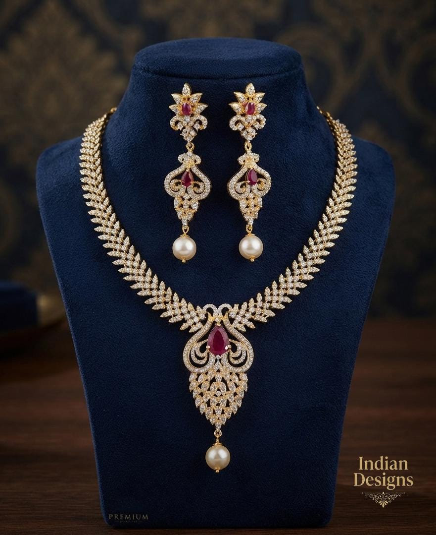 CZ Necklace and Earring Set with Ruby Stone and Pearl Drop| Statement Jewelry| American Diamond Necklace set| AD stone necklace|Gift for her