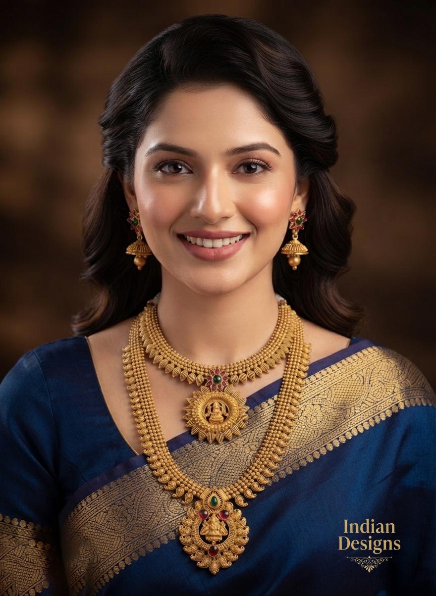 Traditional South Indian Temple Jewelry Necklace Combo| 2-Piece Long & Short Lakshmi Haram Set| Antique Gold Set| Gift for Her