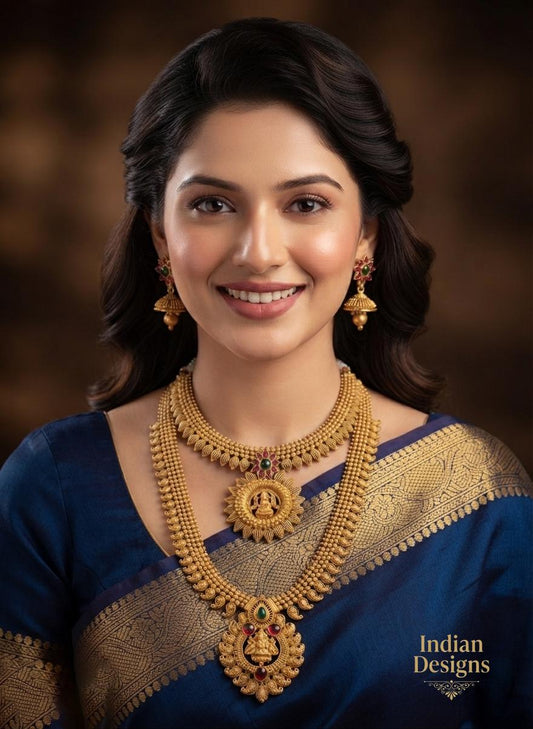Traditional South Indian Temple Jewelry Necklace Combo| 2-Piece Long & Short Lakshmi Haram Set| Antique Gold Set| Gift for Her