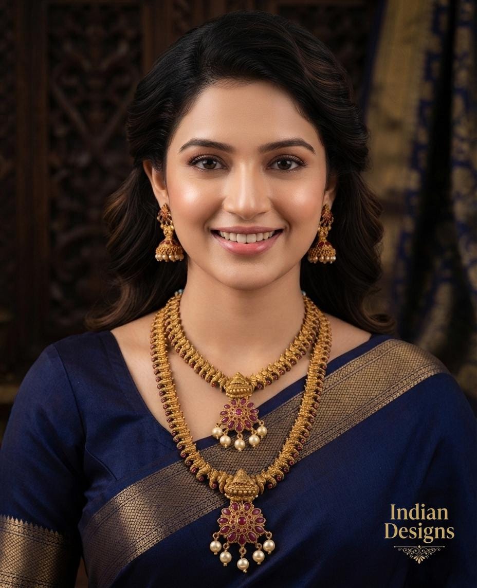 Traditional South Indian Temple Jewelry Necklace Combo| 2-Piece Long & Short Lakshmi Haram Set| Antique Gold Set| Gift for Her