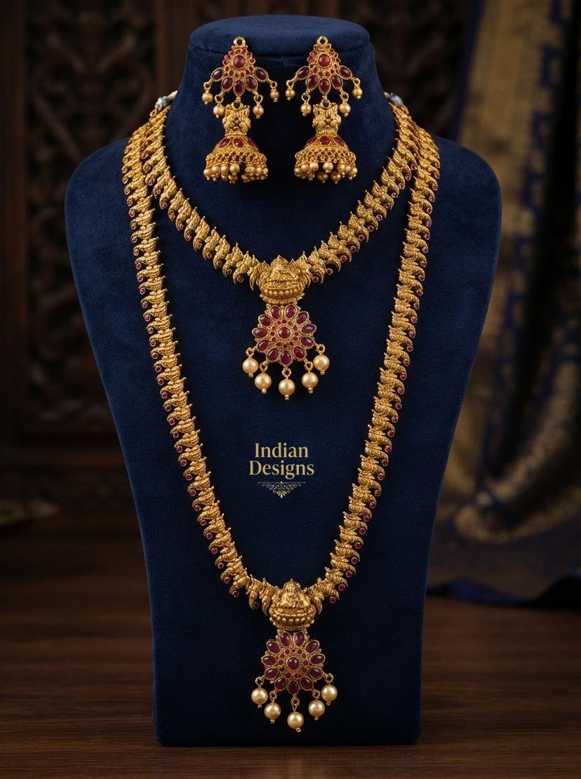 Traditional South Indian Temple Jewelry Necklace Combo| 2-Piece Long & Short Lakshmi Haram Set| Antique Gold Set| Gift for Her