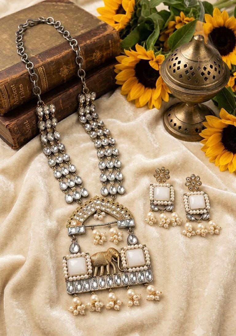 Indian Oxidized Silver Necklace Set with Elephant Pendant| Statement German Silver Necklace| Temple Jewelry| Vintage type Silver gift Set