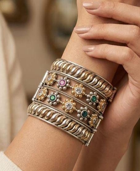 Wide Statement Cuff Bracelet| Multi stone Flower Cuff| Statement Bangle| Dual tone Antique Silver & Gold Finish| Bohemian Gift for Women