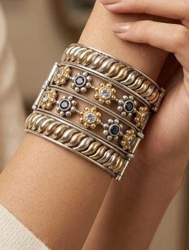 Wide Statement Cuff Bracelet| Multi stone Flower Cuff| Statement Bangle| Dual tone Antique Silver & Gold Finish| Bohemian Gift for Women