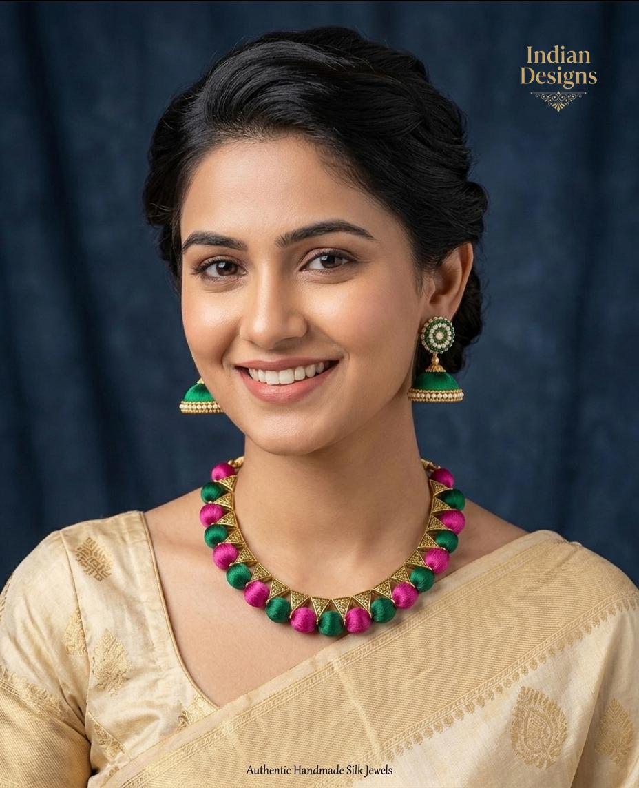 Handmade Silk Thread Necklace Set| Traditional Indian Jewelry| Silk Thread Jhumka Earrings| Ethnic Statement Choker| Party Wear Jewelry
