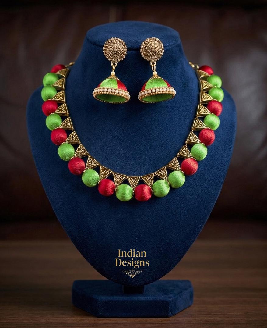 Handmade Silk Thread Necklace Set| Traditional Indian Jewelry| Silk Thread Jhumka Earrings| Ethnic Statement Choker| Party Wear Jewelry