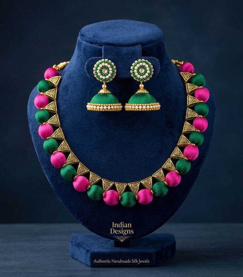 Handmade Silk Thread Necklace Set| Traditional Indian Jewelry| Silk Thread Jhumka Earrings| Ethnic Statement Choker| Party Wear Jewelry