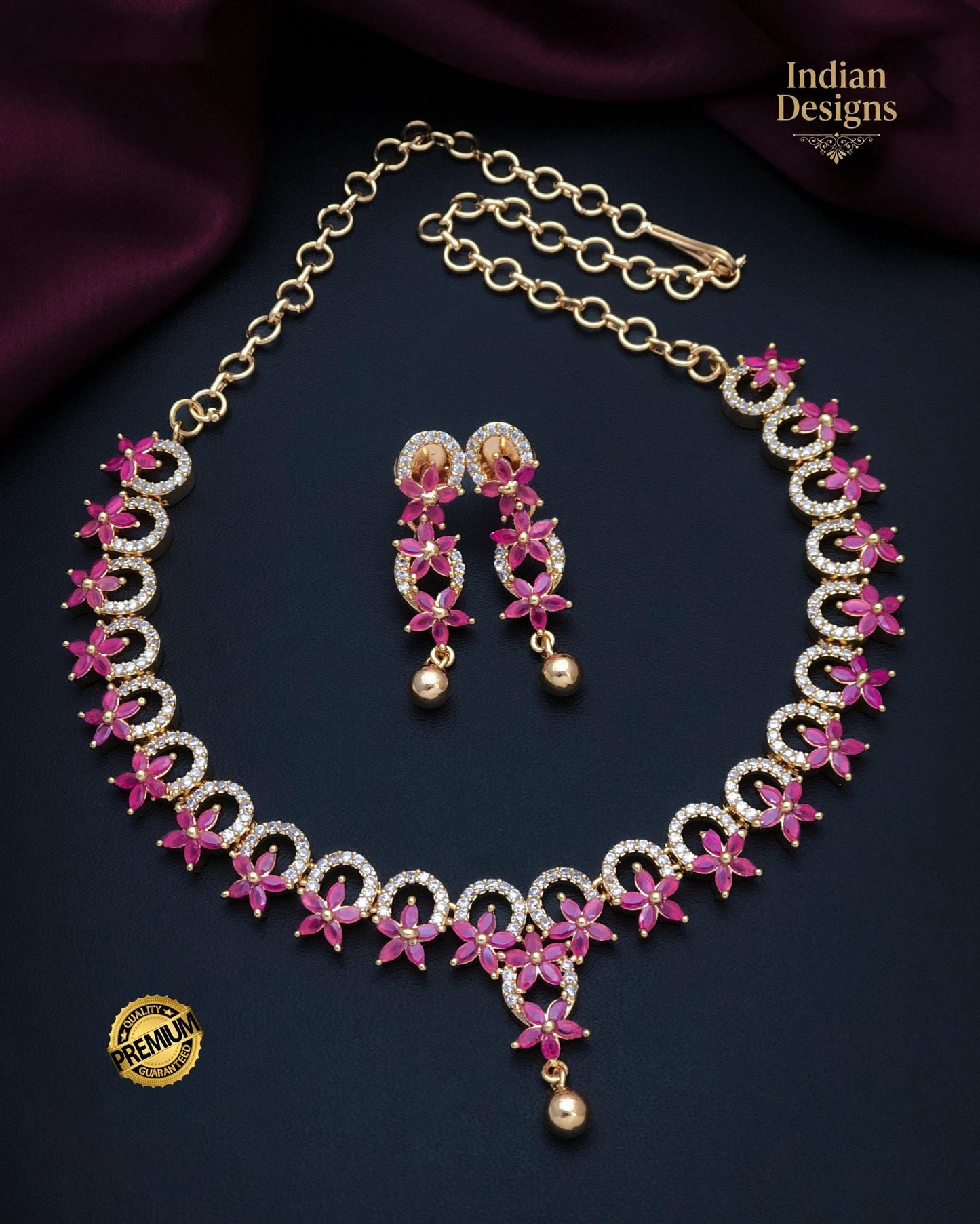 22k Gold Plated American Diamond Necklace with Green and Pink stones|Indian jewelry sets|Ruby & Emerald necklace Floral designs|Gift for her