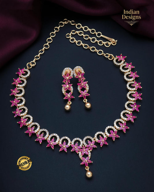 22k Gold Plated American Diamond Necklace with Green and Pink stones|Indian jewelry sets|Ruby & Emerald necklace Floral designs|Gift for her