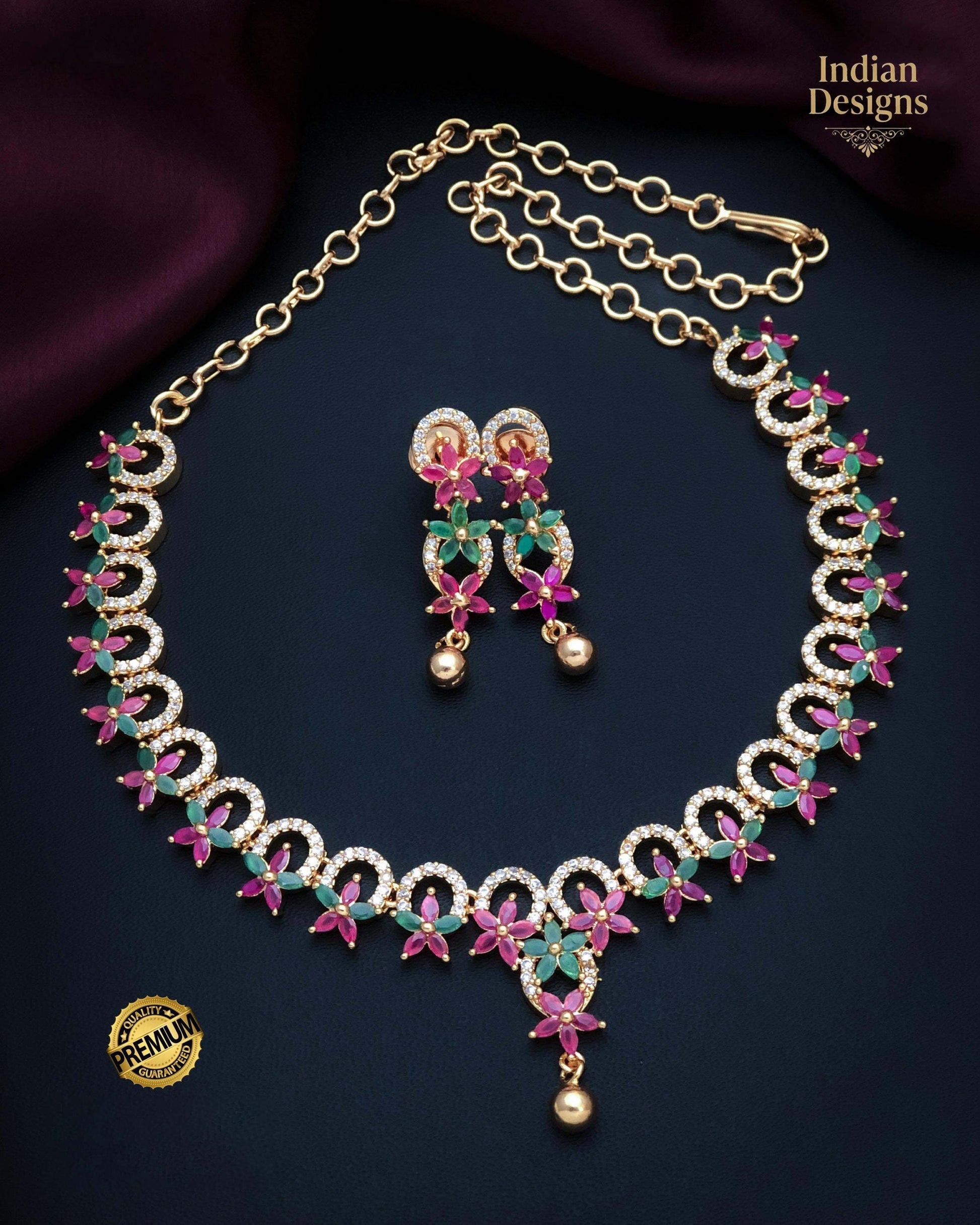 22k Gold Plated American Diamond Necklace with Green and Pink stones|Indian jewelry sets|Ruby & Emerald necklace Floral designs|Gift for her