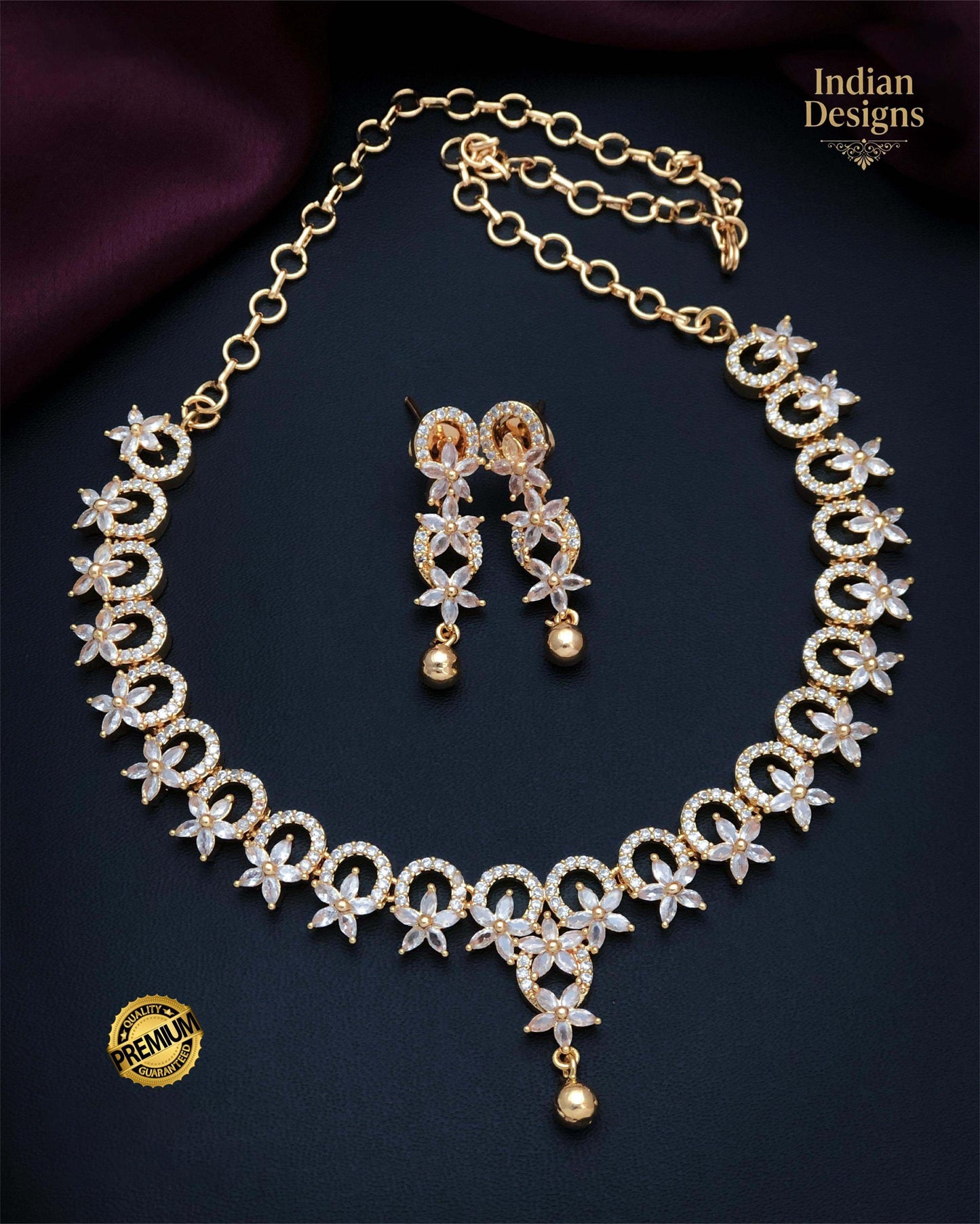 22k Gold Plated American Diamond Necklace with Green and Pink stones|Indian jewelry sets|Ruby & Emerald necklace Floral designs|Gift for her