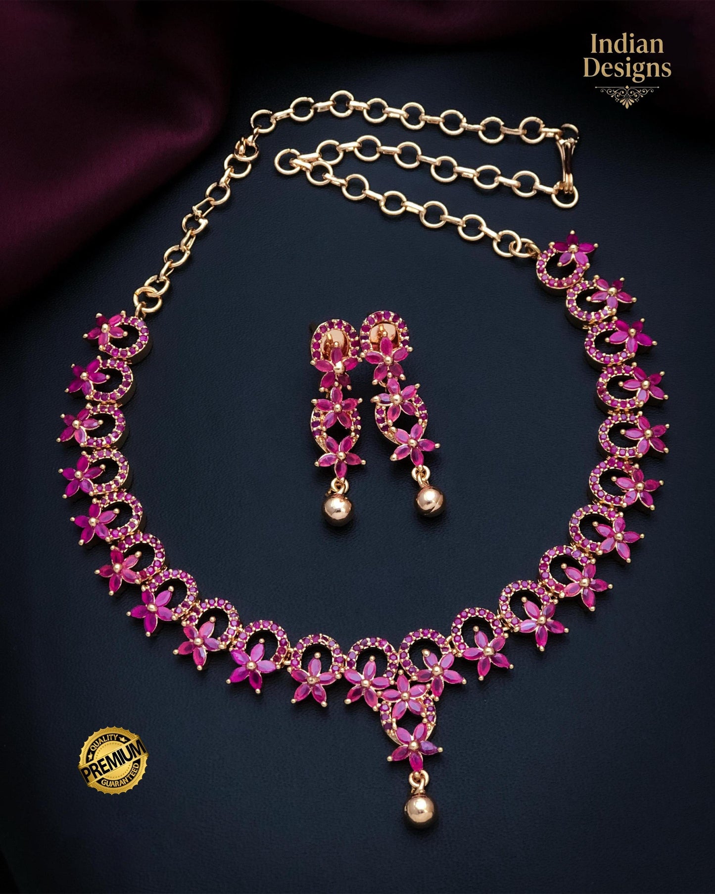 22k Gold Plated American Diamond Necklace with Green and Pink stones|Indian jewelry sets|Ruby & Emerald necklace Floral designs|Gift for her
