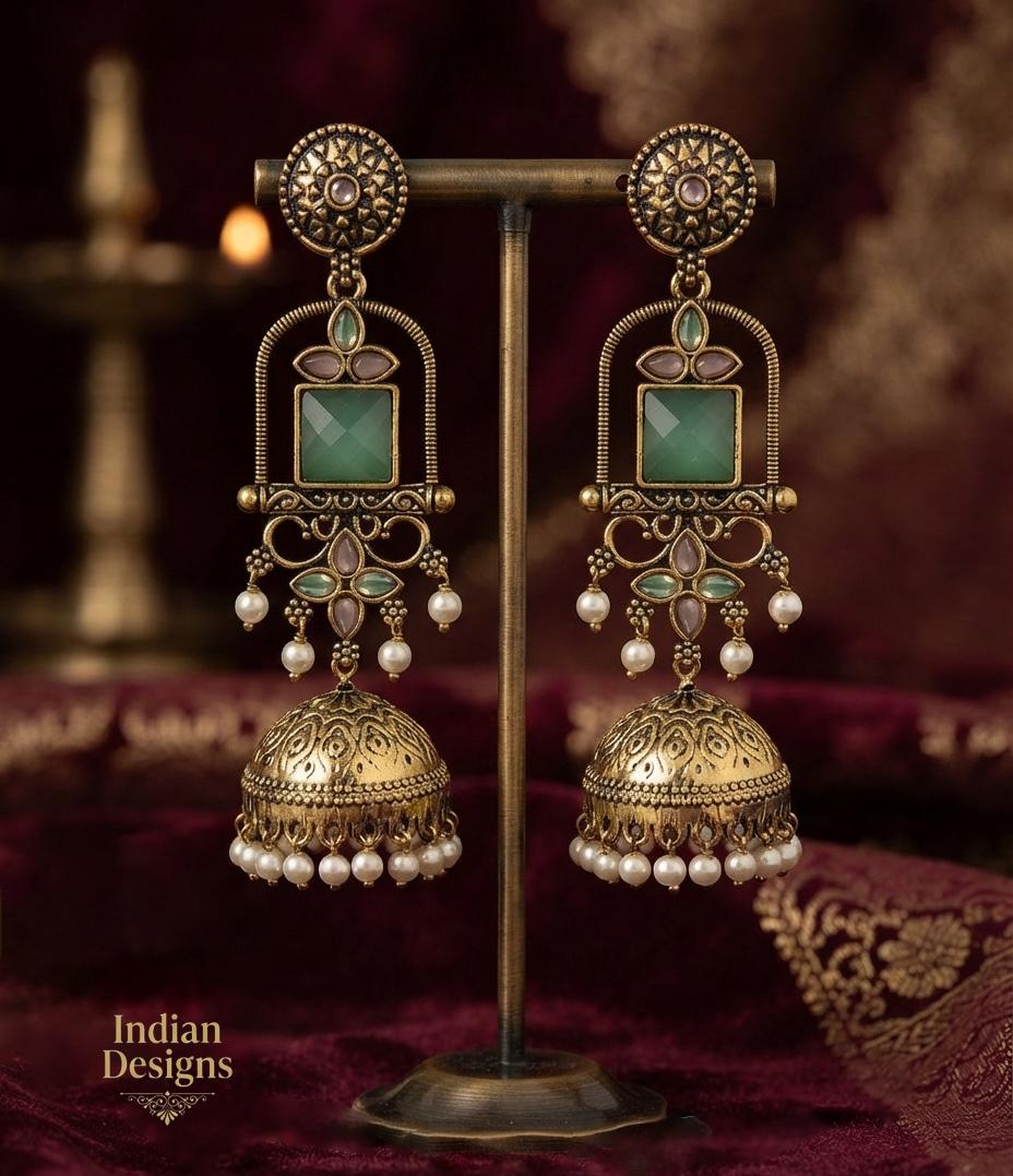 Antique Gold long Jhumka Earrings| temple style pearl drop stone earrings| traditional traditional indian wedding jewelry| Baby Pink & Green
