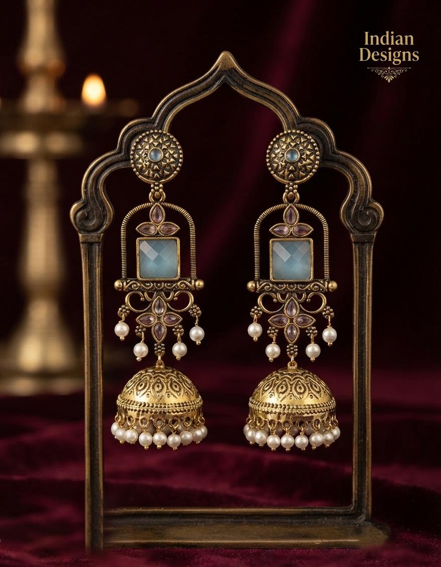 Antique Gold long Jhumka Earrings| temple style pearl drop stone earrings| traditional traditional indian wedding jewelry| Baby Pink & Green