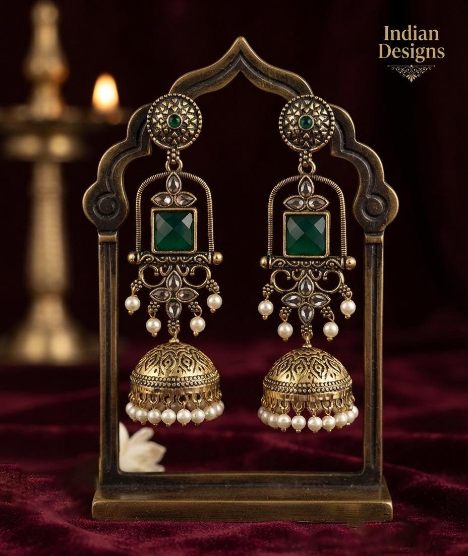 Antique Gold long Jhumka Earrings| temple style pearl drop stone earrings| traditional traditional indian wedding jewelry| Baby Pink & Green