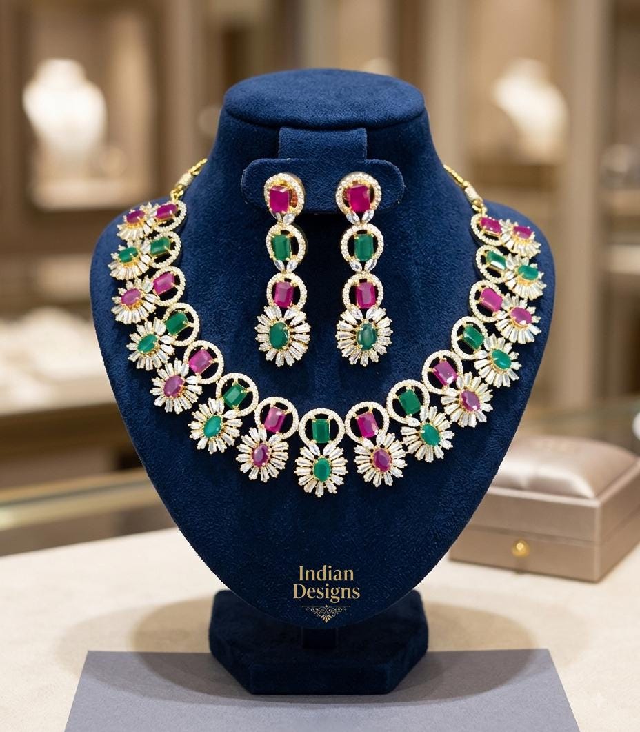 Ruby Emerald AD Necklace Set| Indian Bridal Jewelry| American Diamond Necklace| Green Ruby Stone Jewelry| Indian Wedding Jewelry Set