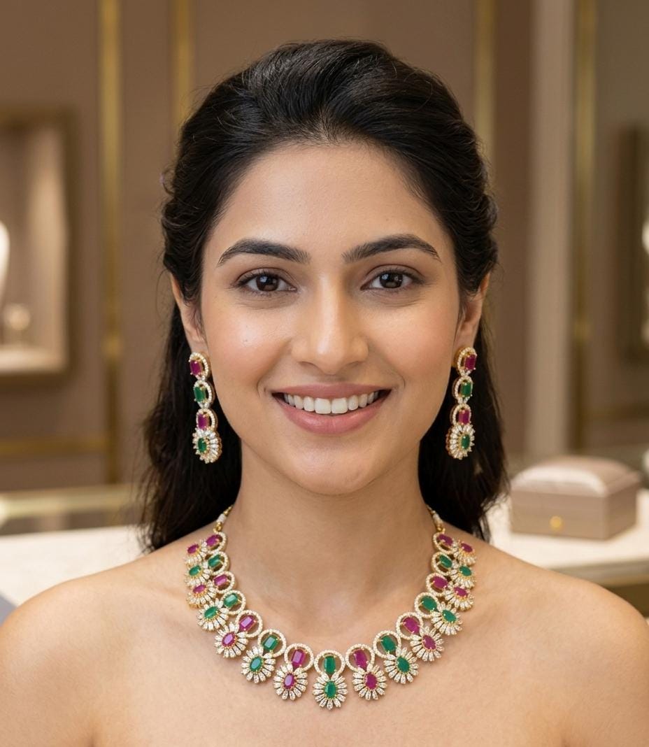 Ruby Emerald AD Necklace Set| Indian Bridal Jewelry| American Diamond Necklace| Green Ruby Stone Jewelry| Indian Wedding Jewelry Set