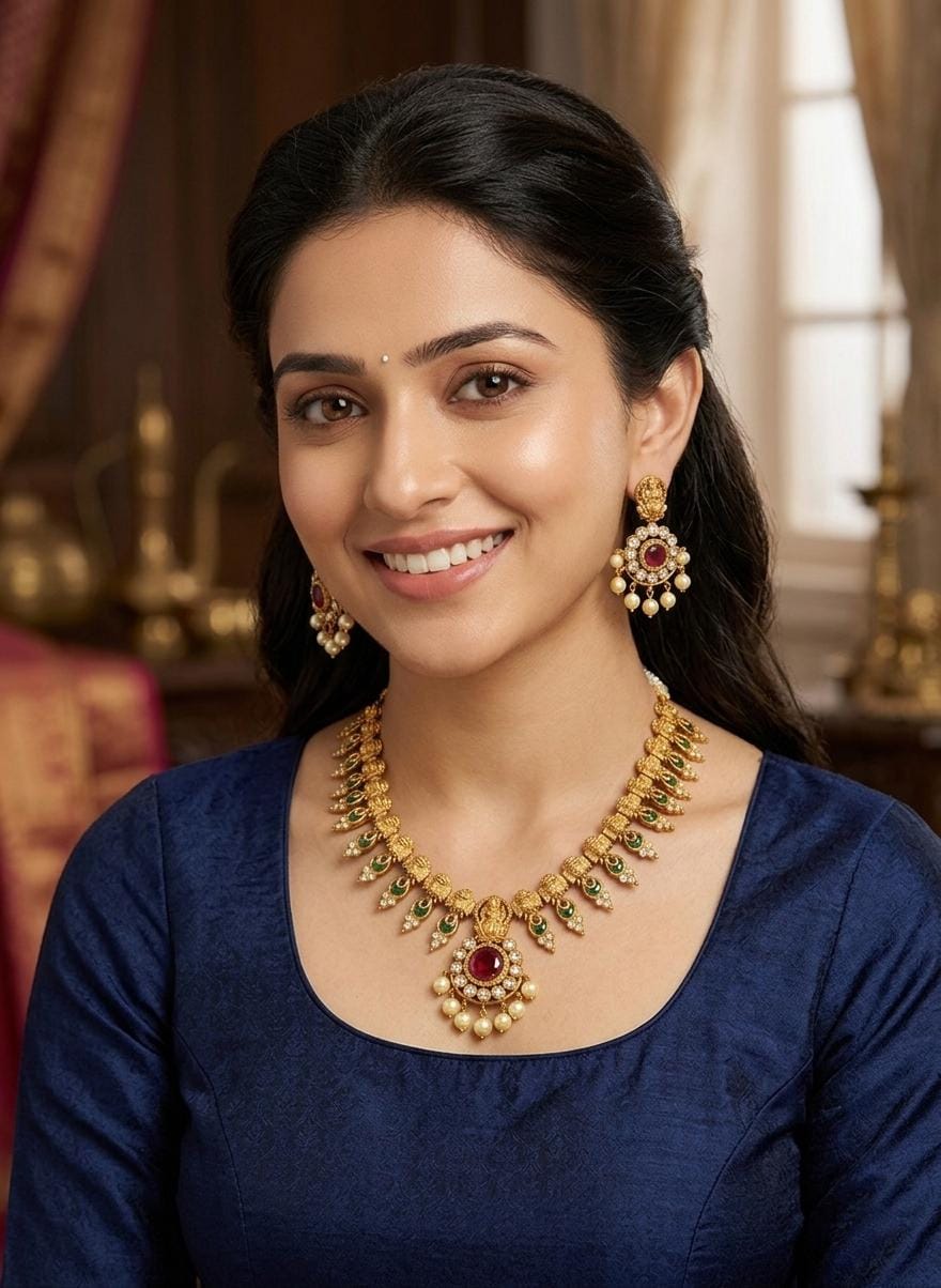 Temple Jewelry Set| Gold Plated Kemp Stone and Pearl Necklace Set| Traditional South Indian Bridal Jewelry| Goddess Lakshmi Haram