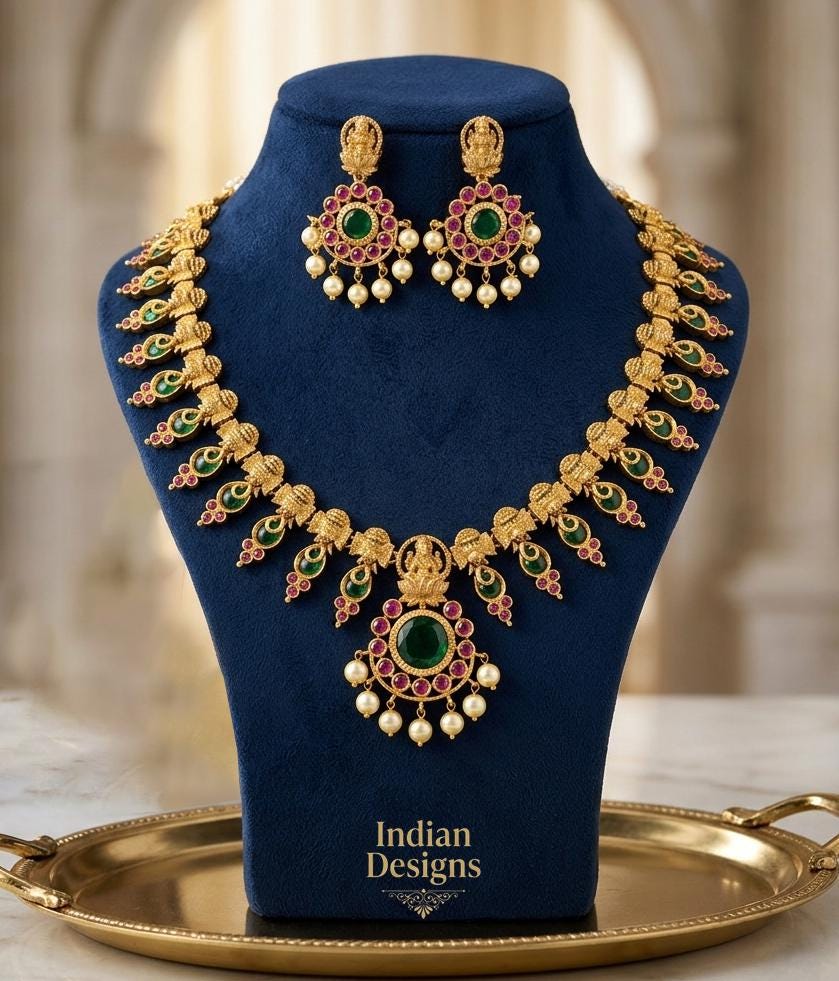 Temple Jewelry Set| Gold Plated Kemp Stone and Pearl Necklace Set| Traditional South Indian Bridal Jewelry| Goddess Lakshmi Haram