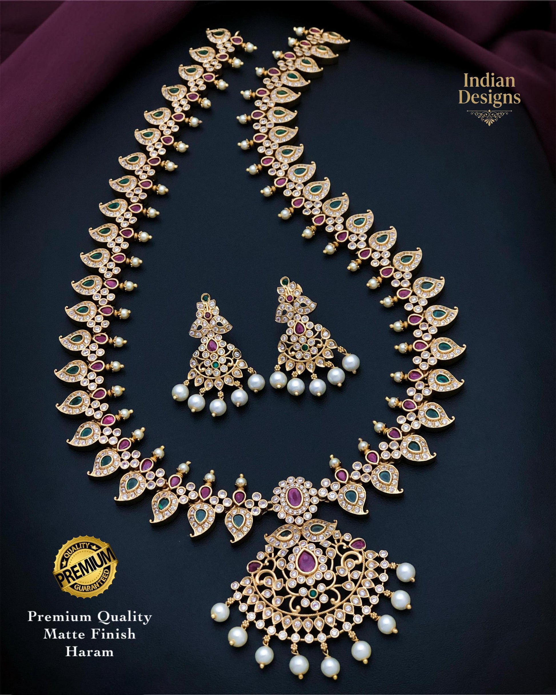 Matte Gold Mango Haram Necklace Set| South Indian Temple Jewelry| Kemp Ruby Emerald CZ Mango Mala| Bridal Long Haram with Matching Earrings