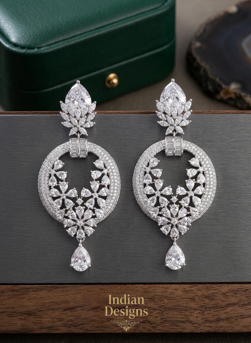 American Diamond Statement Earrings| Diamond Look CZ Bridal Earrings| Silver Floral Chandelier Drops| Indian Wedding Jewelry|Gift for Her